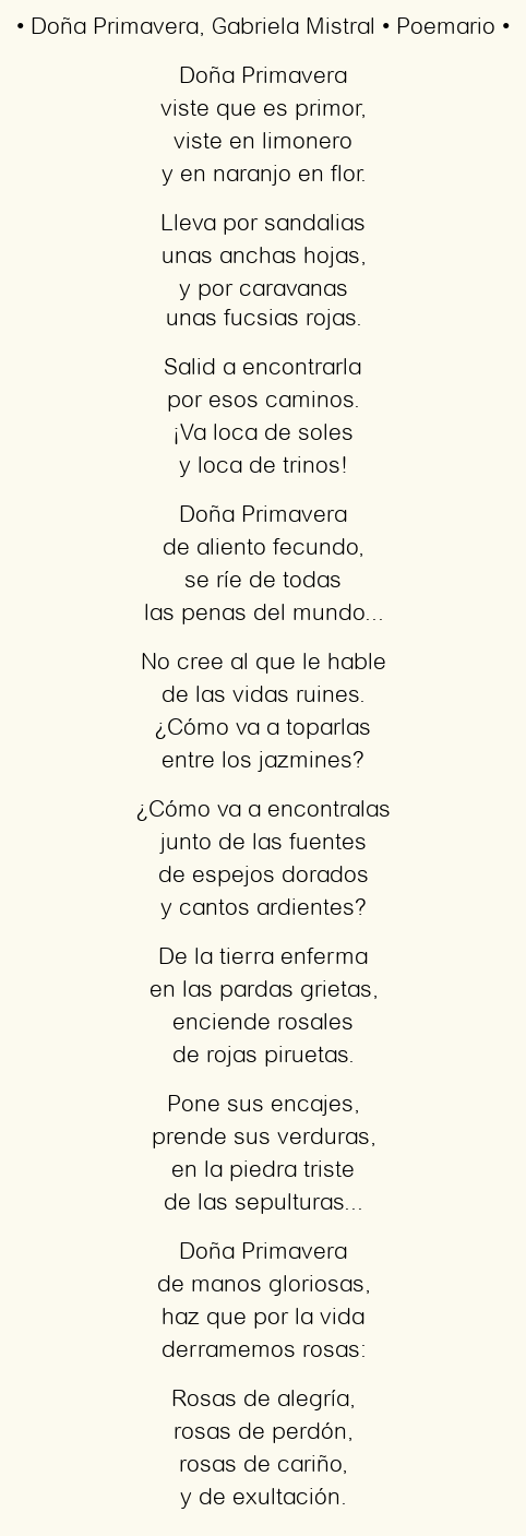 Imagen con el poema Doña primavera, por Gabriela Mistral