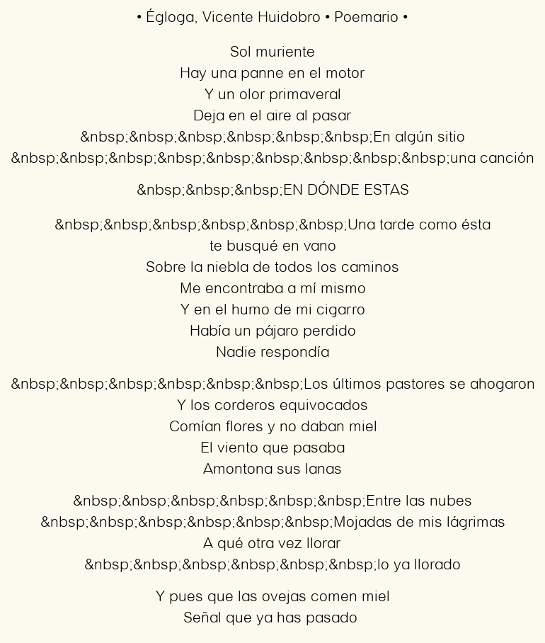 Imagen con el poema Égloga, por Vicente Huidobro