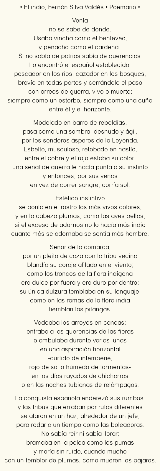 Imagen con el poema El indio, por Fernán Silva Valdés
