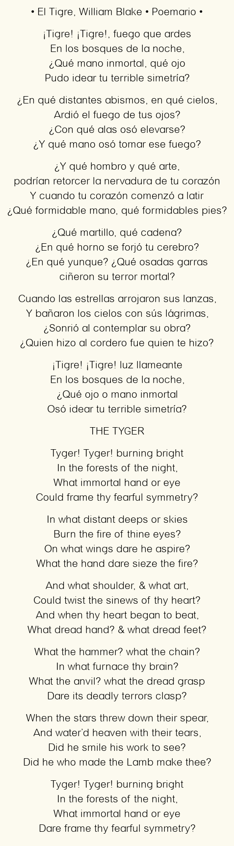 Imagen con el poema El Tigre, por William Blake