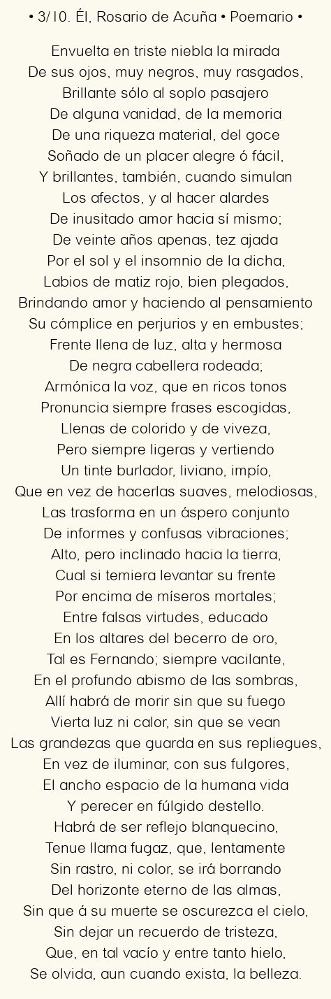 Imagen con el poema 3/10. Él, por Rosario de Acuña