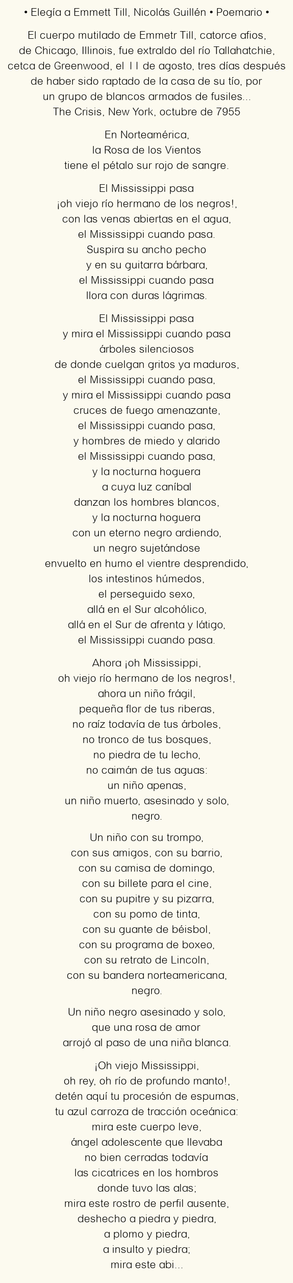 Imagen con el poema Elegía a Emmett Till, por Nicolás Guillén