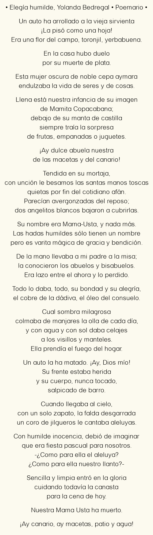 Imagen con el poema Elegía humilde, por Yolanda Bedregal
