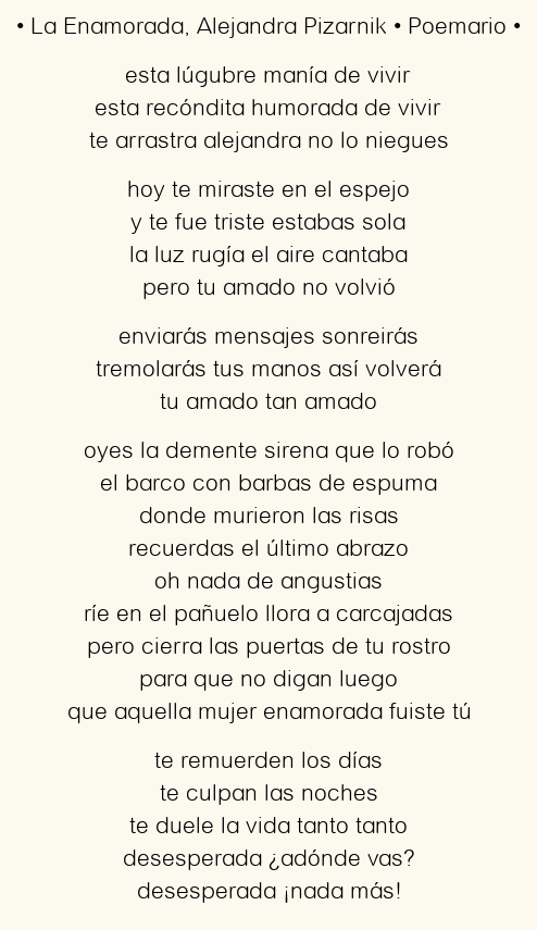 Imagen con el poema La Enamorada, por Alejandra Pizarnik