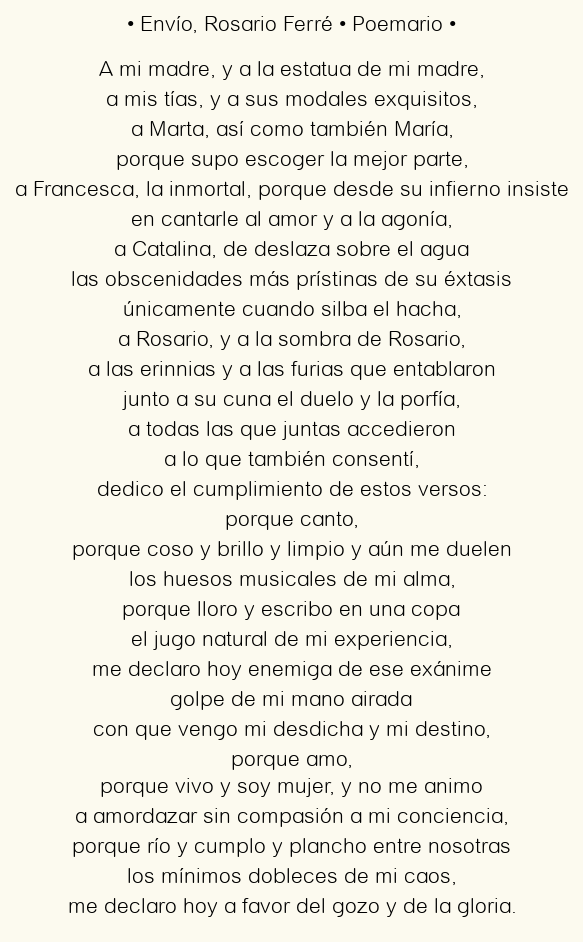 Imagen con el poema Envío, por Rosario Ferré