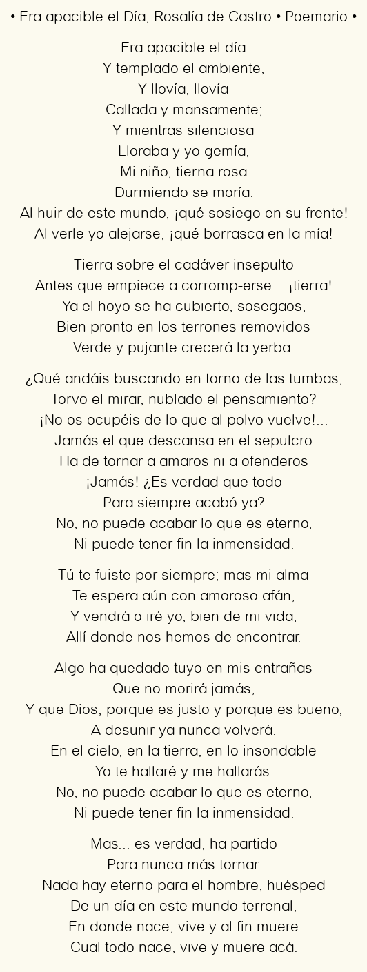 Imagen con el poema Era apacible el día, por Rosalía de Castro