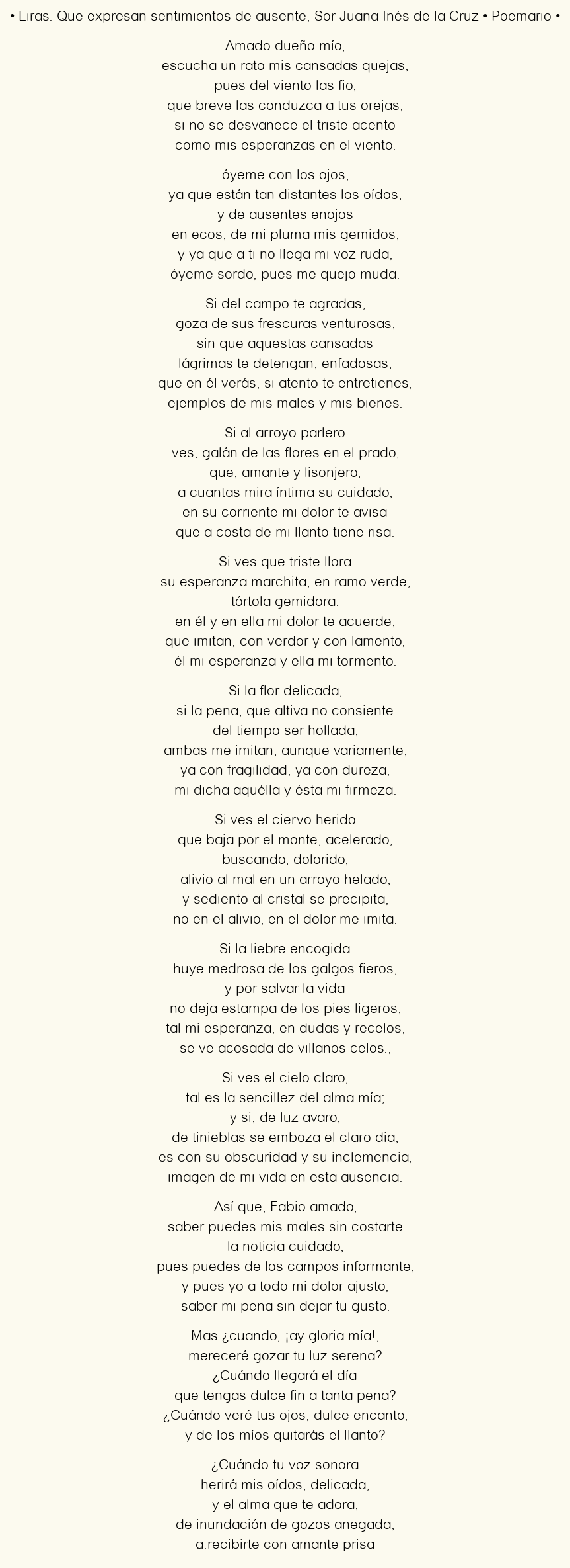 Imagen con el poema Liras. Que expresan sentimientos de ausente, por Sor Juana Inés de la Cruz