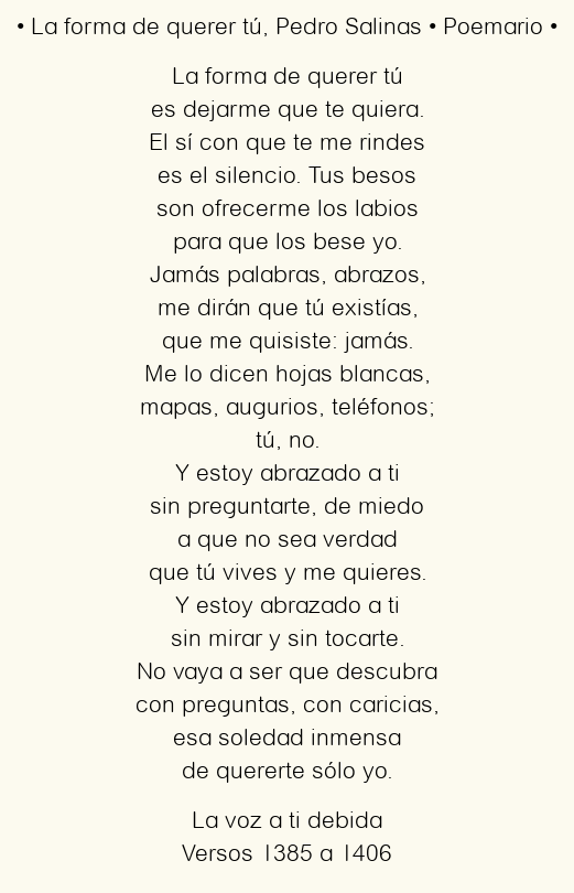 Imagen con el poema La forma de querer tú, por Pedro Salinas