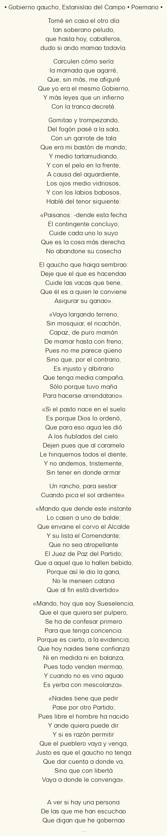 Imagen con el poema Gobierno gaucho, por Estanislao del Campo