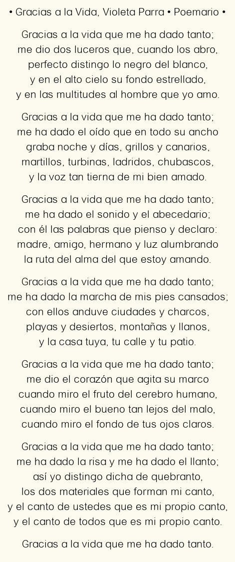 Imagen con el poema Gracias a la vida, por Violeta Parra