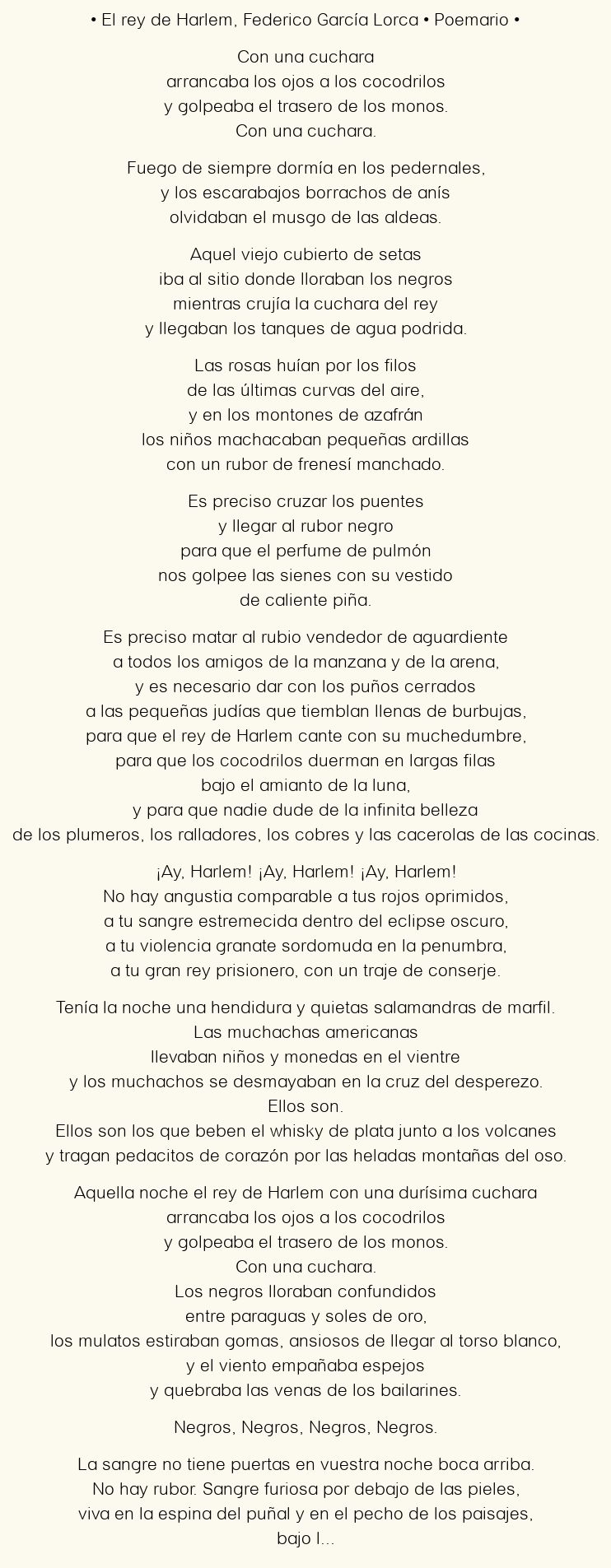 Imagen con el poema El rey de Harlem, por Federico García Lorca