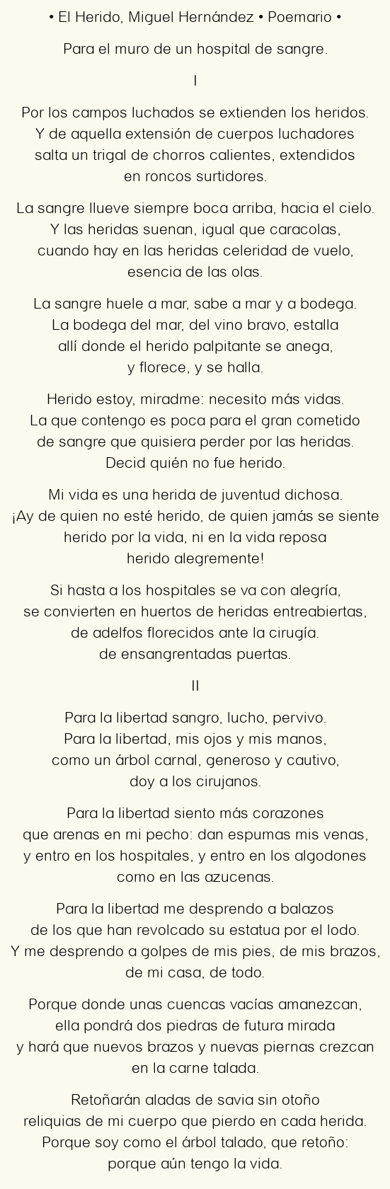 Imagen con el poema El Herido, por Miguel Hernández