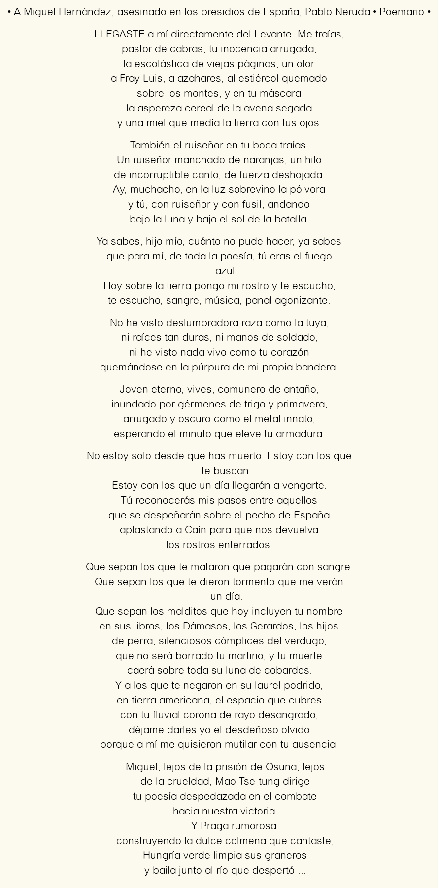 Imagen con el poema A Miguel Hernández, asesinado en los presidios de España, por Pablo Neruda