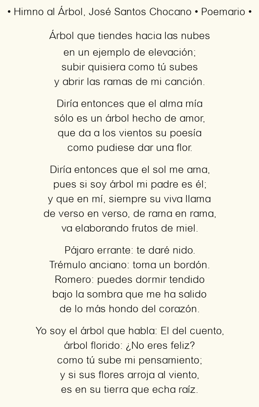 Imagen con el poema Himno al Árbol, por José Santos Chocano