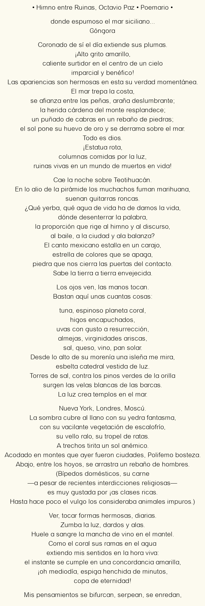 Imagen con el poema Himno entre Ruinas, por Octavio Paz