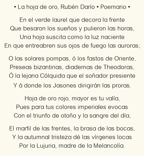 Imagen con el poema La hoja de oro, por Rubén Darío