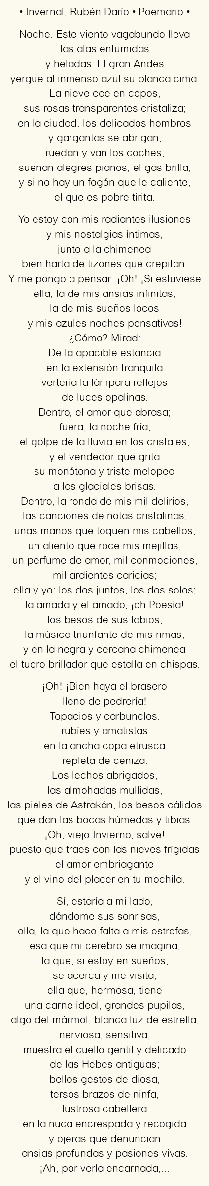 Imagen con el poema Invernal, por Rubén Darío