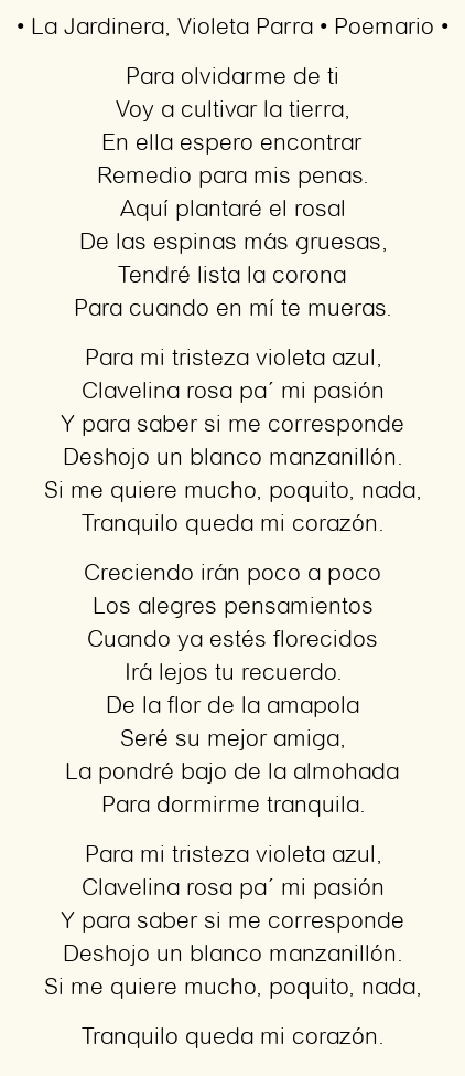 Imagen con el poema La Jardinera, por Violeta Parra