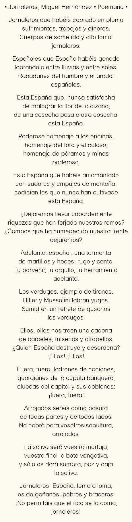 Imagen con el poema Jornaleros, por Miguel Hernández
