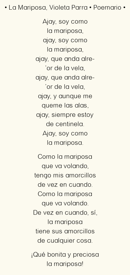 Imagen con el poema La Mariposa, por Violeta Parra