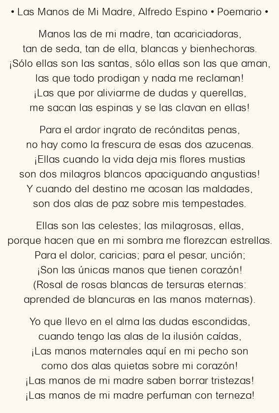 Imagen con el poema Las Manos de Mi Madre, por Alfredo Espino
