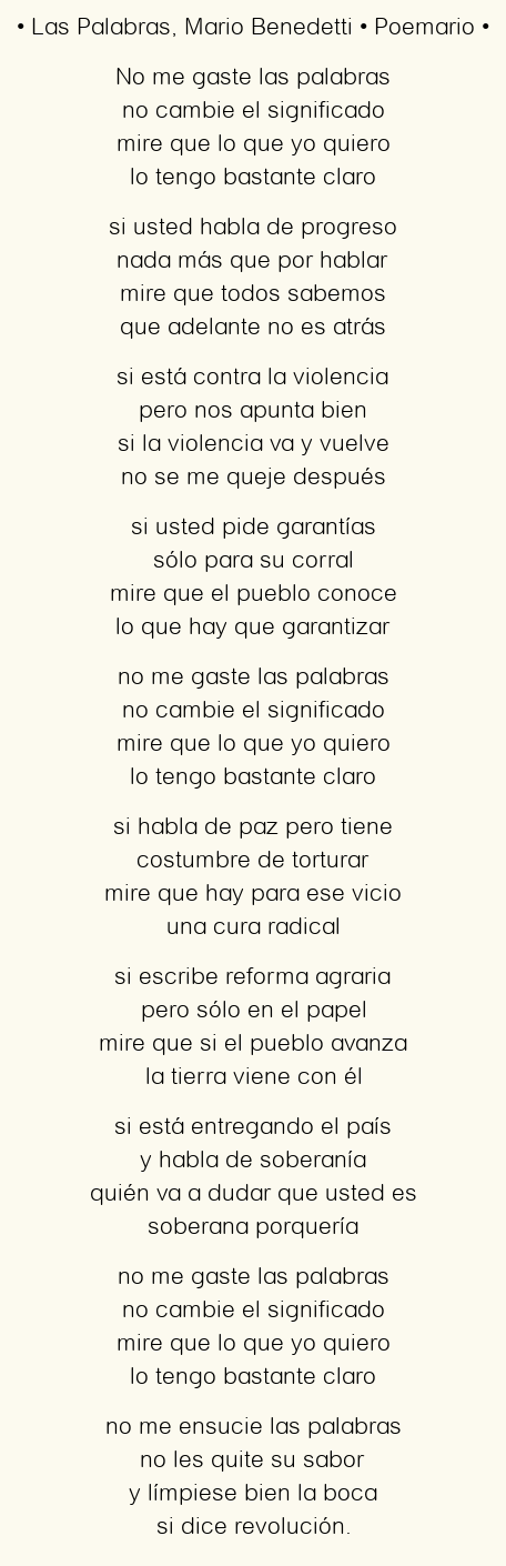 Imagen con el poema Las Palabras, por Mario Benedetti