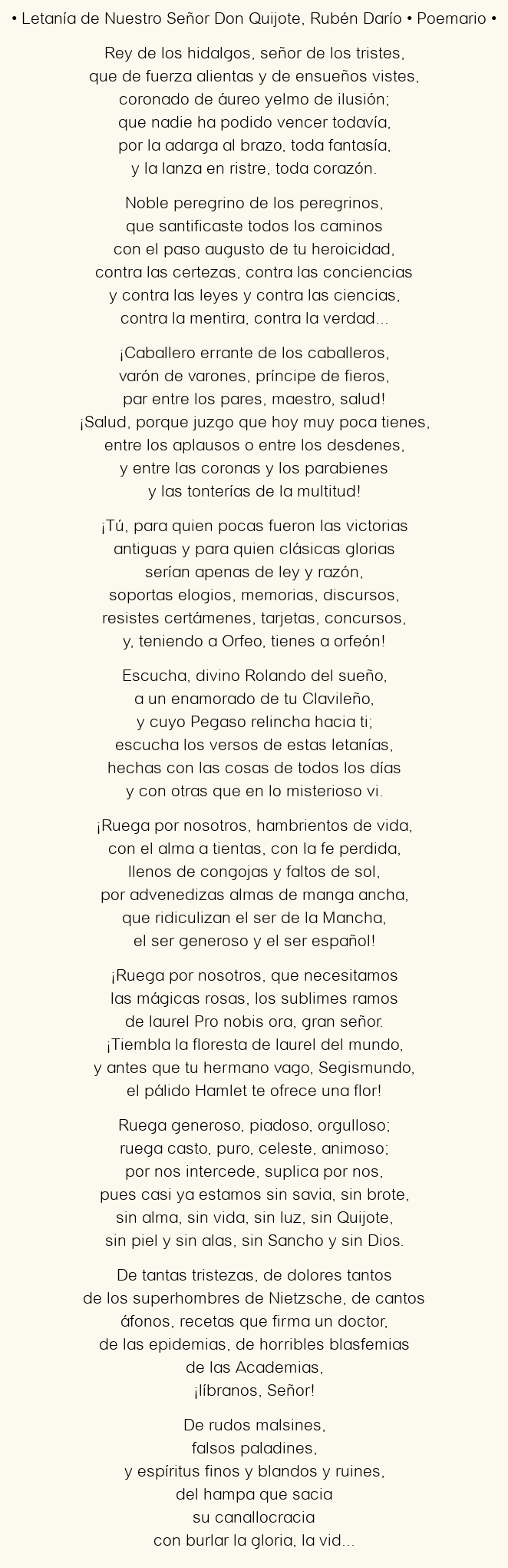 Imagen con el poema Letanía de Nuestro Señor Don Quijote, por Rubén Darío
