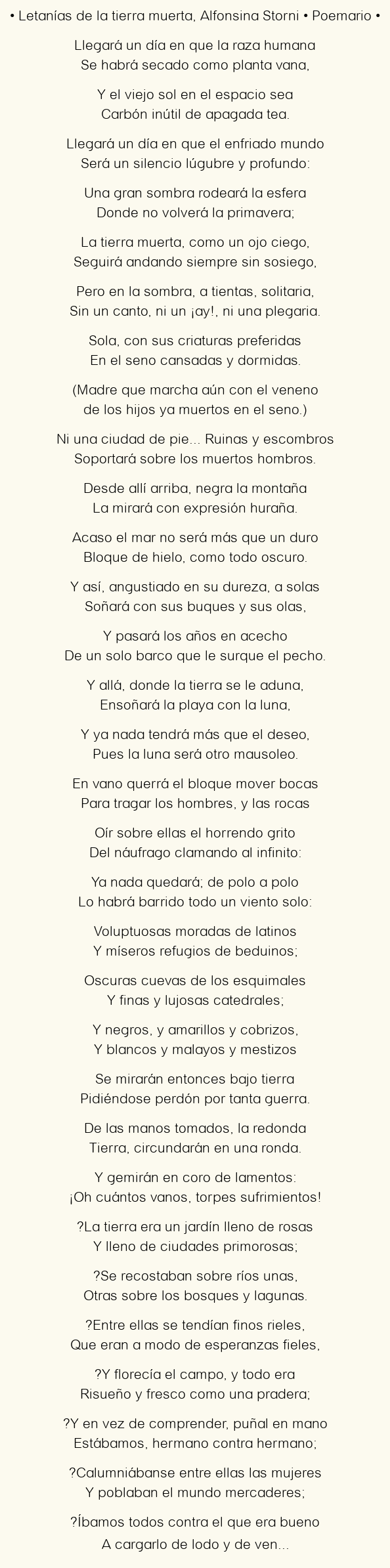 Imagen con el poema Letanías de la tierra muerta, por Alfonsina Storni