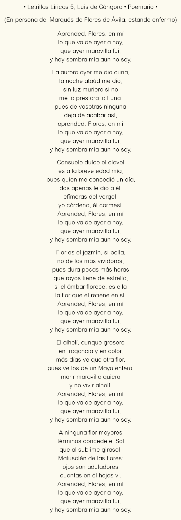 Imagen con el poema Letrillas Líricas 5, por Luis de Góngora