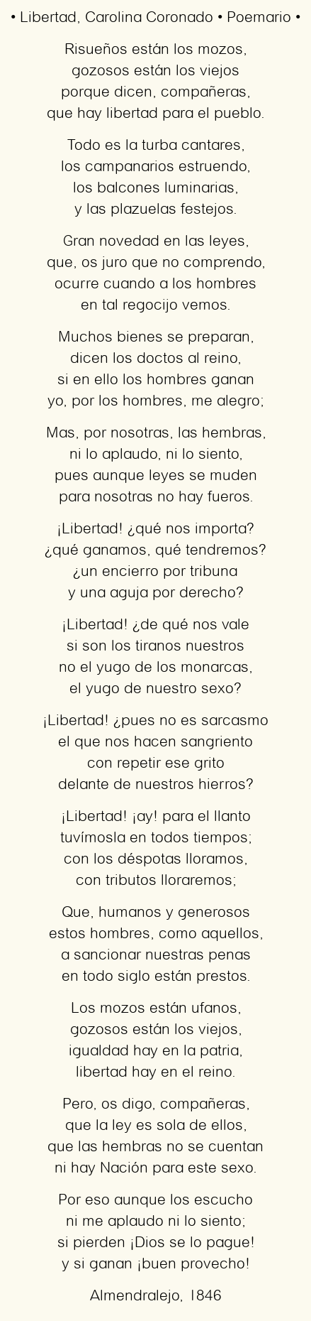 Imagen con el poema Libertad, por Carolina Coronado