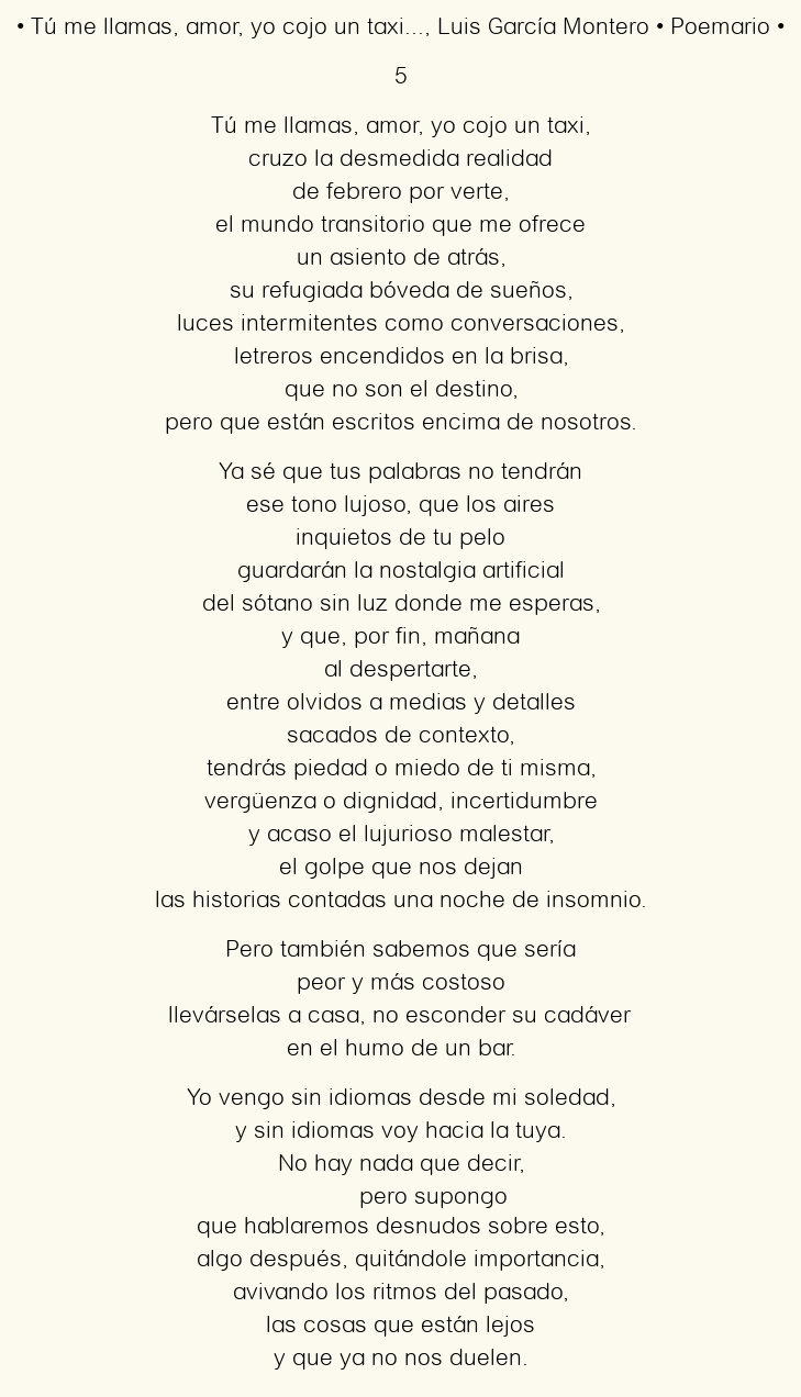 Imagen con el poema Tú me llamas, amor, yo cojo un taxi…, por Luis García Montero