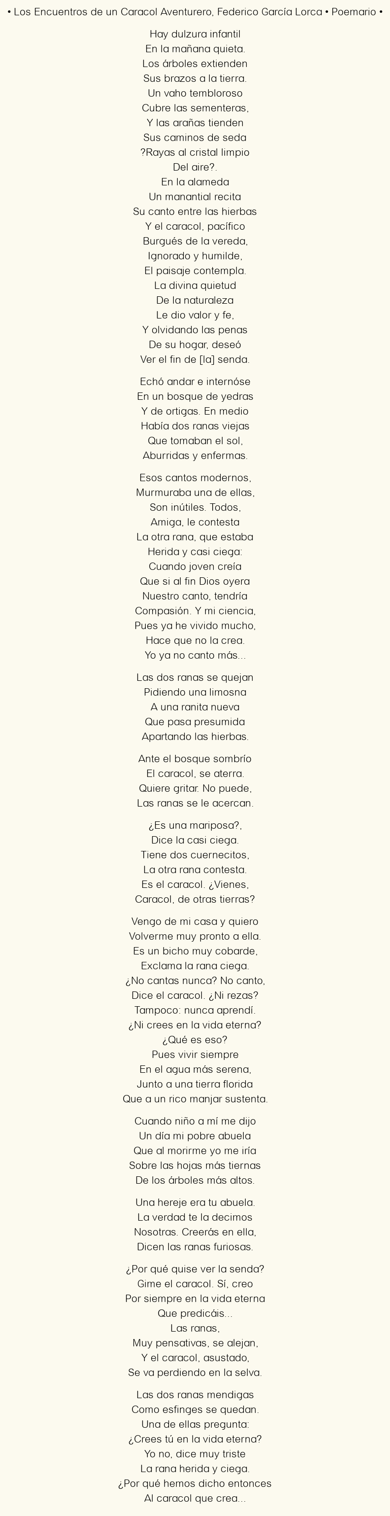 Imagen con el poema Los Encuentros de un Caracol Aventurero, por Federico García Lorca
