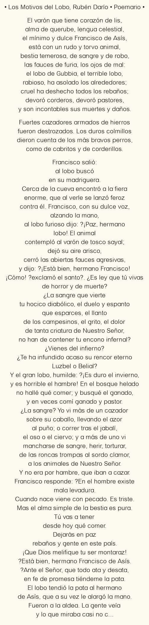 Imagen con el poema Los motivos del lobo, por Rubén Darío