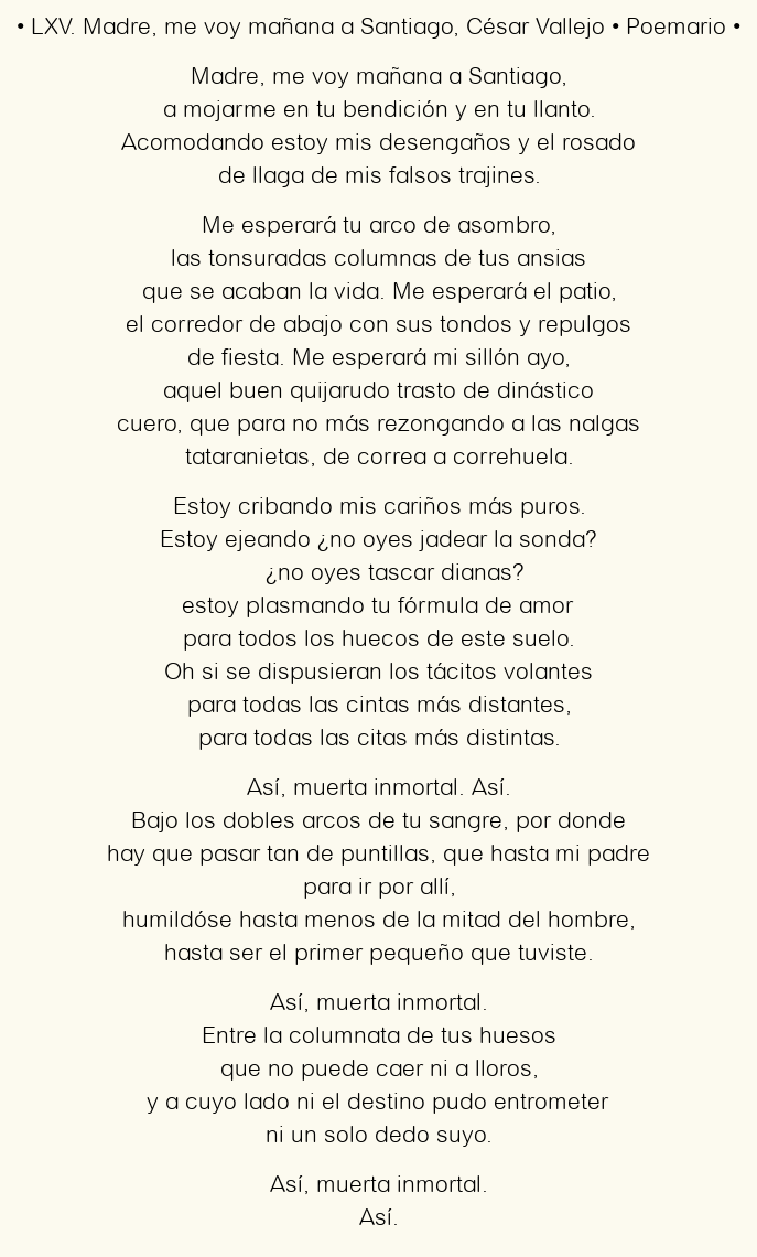 Imagen con el poema LXV. Madre, me voy mañana a Santiago, por César Vallejo