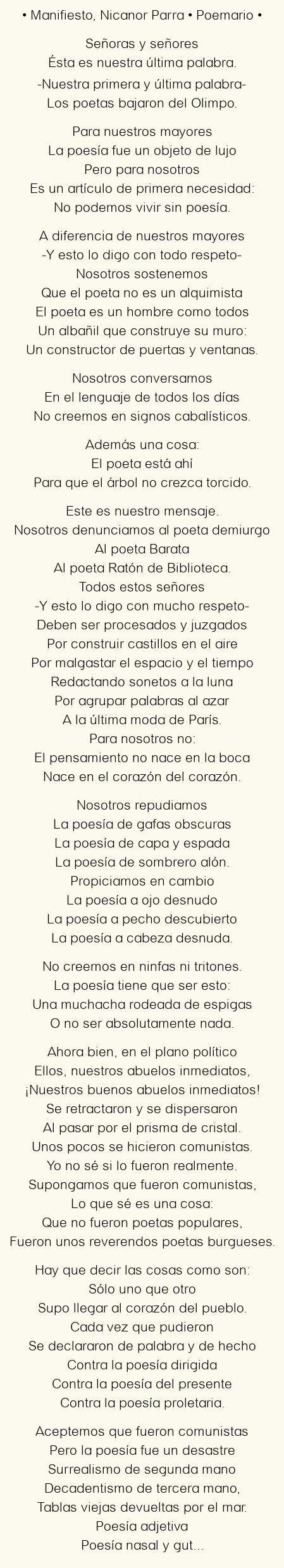 Imagen con el poema Manifiesto, por Nicanor Parra