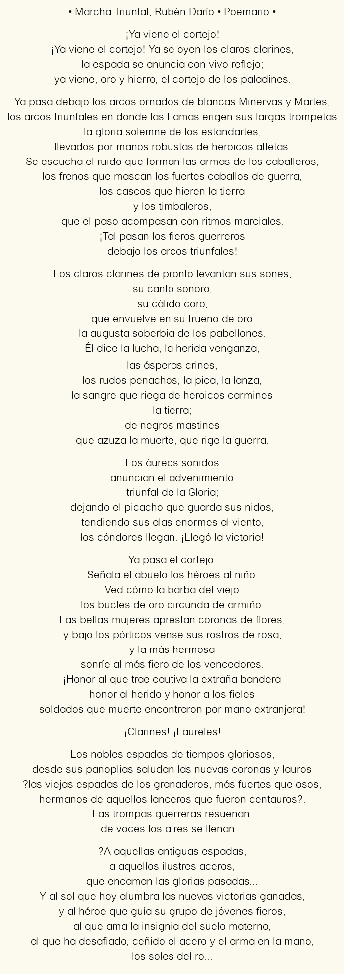 Imagen con el poema Marcha Triunfal, por Rubén Darío