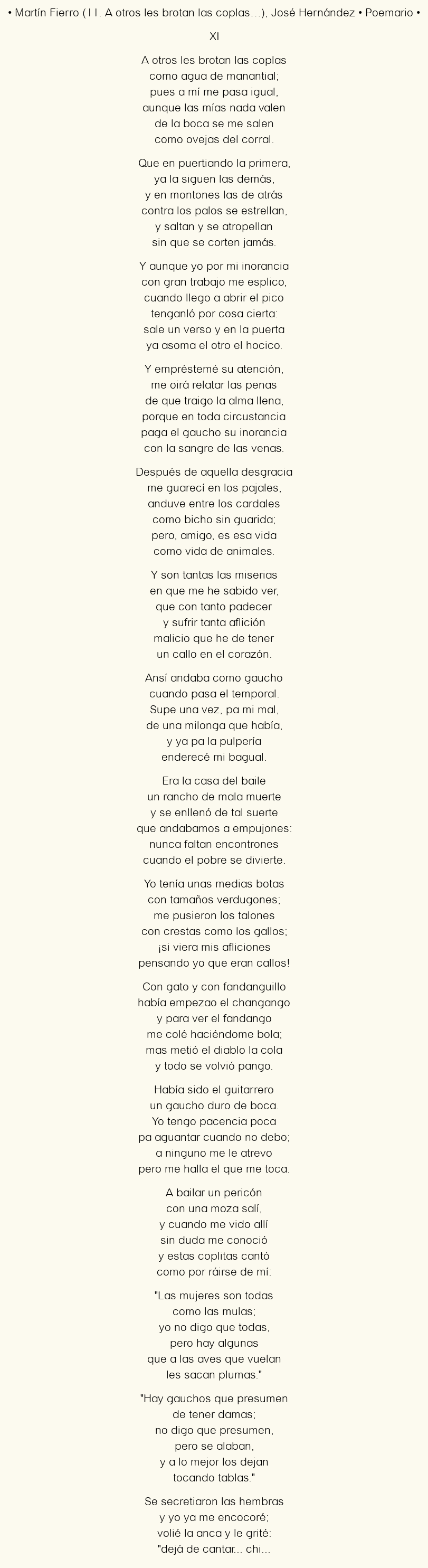 Imagen con el poema Martín Fierro (11. A otros les brotan las coplas…), por José Hernández