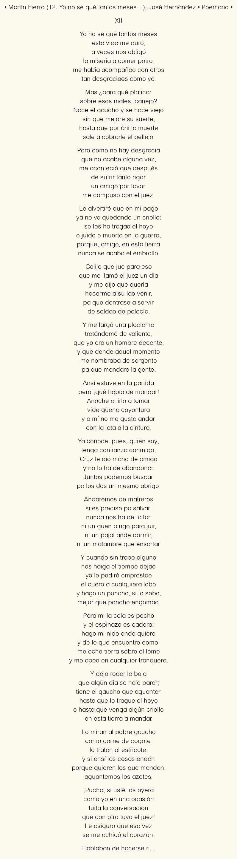 Imagen con el poema Martín Fierro (12. Yo no sé qué tantos meses…), por José Hernández