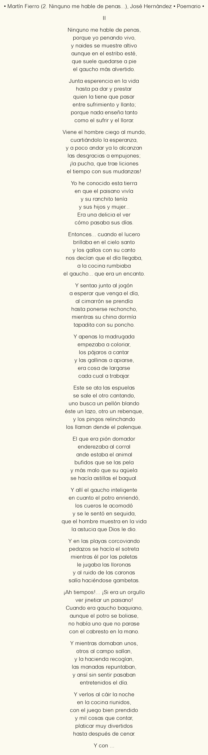 Imagen con el poema Martín Fierro (2. Ninguno me hable de penas…), por José Hernández