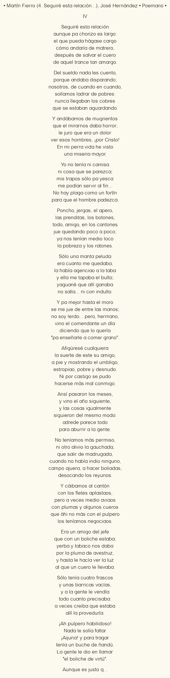 Imagen con el poema Martín Fierro (4. Seguiré esta relación…), por José Hernández
