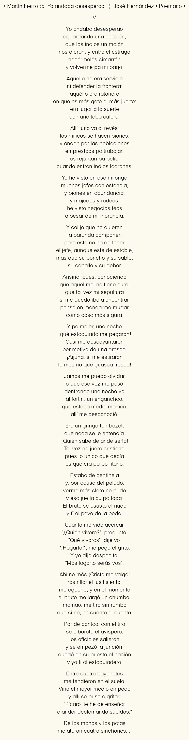 Imagen con el poema Martín Fierro (5. Yo andaba desesperao…), por José Hernández