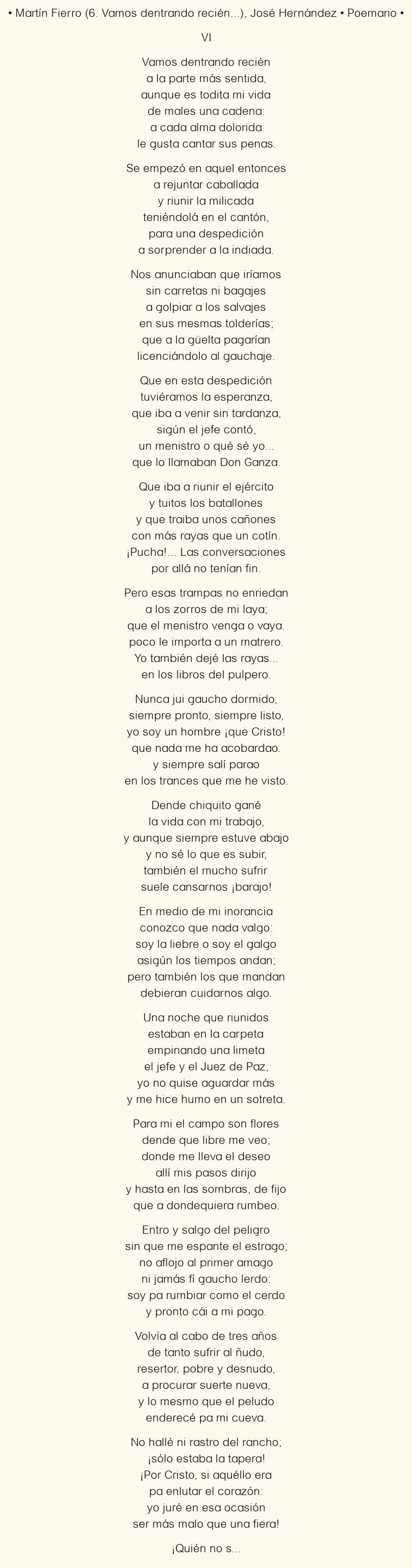Imagen con el poema Martín Fierro (6. Vamos dentrando recién…), por José Hernández