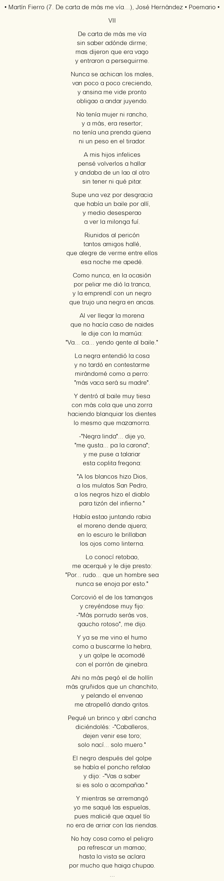 Imagen con el poema Martín Fierro (7. De carta de más me vía…), por José Hernández
