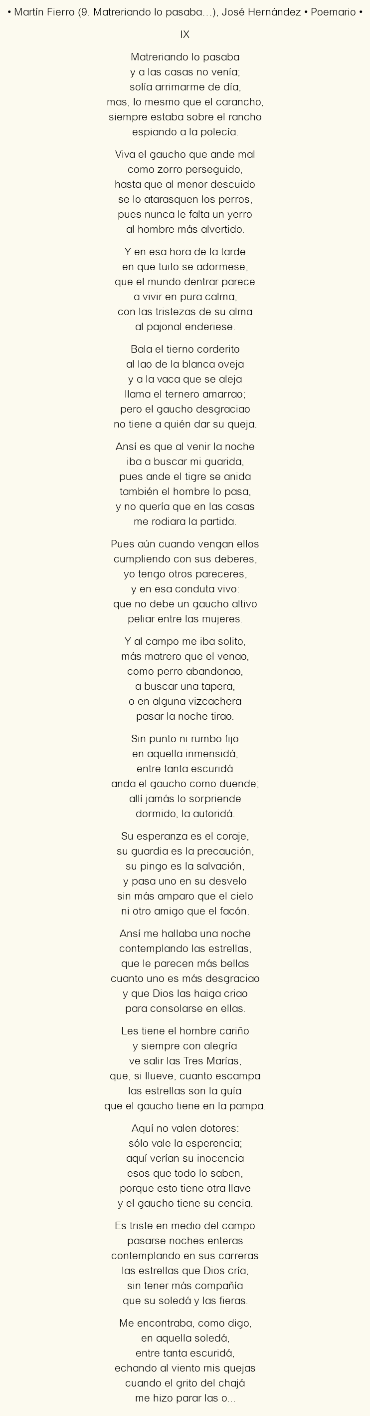 Imagen con el poema Martín Fierro (9. Matreriando lo pasaba…), por José Hernández