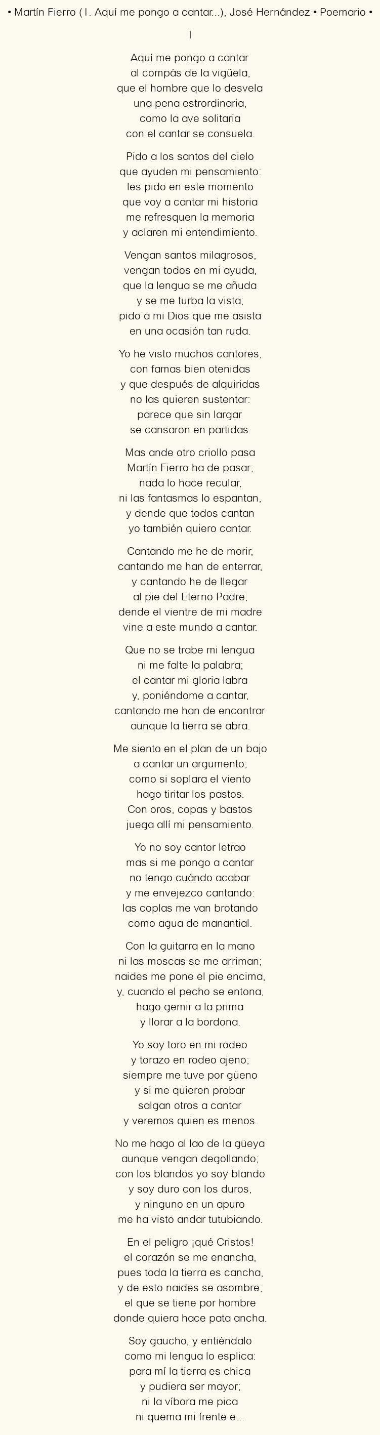 Imagen con el poema Martín Fierro (1. Aquí me pongo a cantar…), por José Hernández