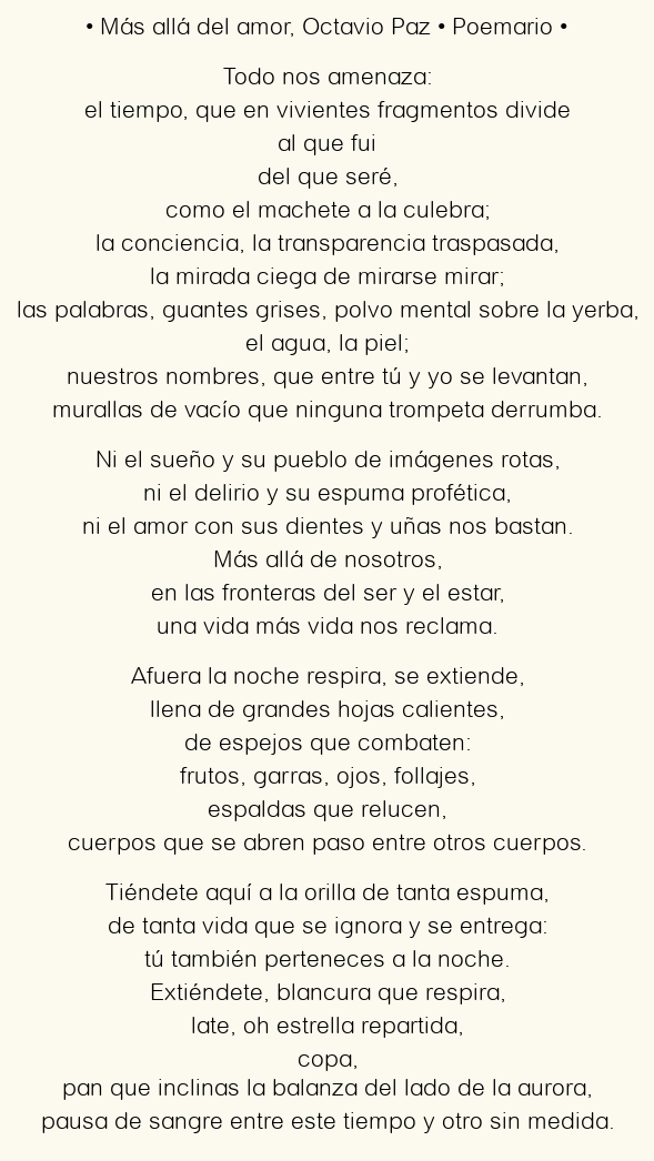 Imagen con el poema Más allá del amor, por Octavio Paz