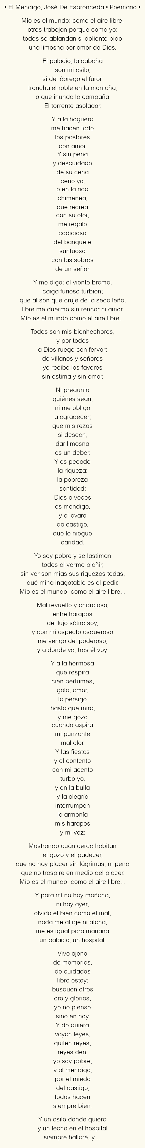 Imagen con el poema El Mendigo, por José De Espronceda