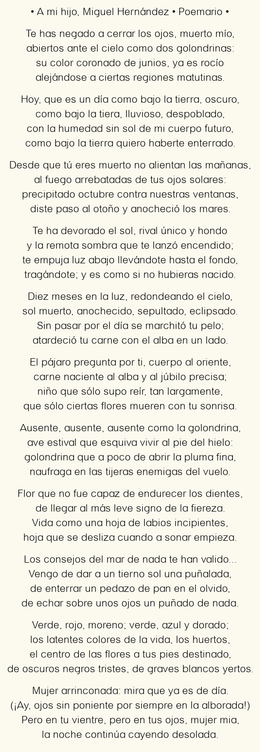 Imagen con el poema A mi hijo, por Miguel Hernández