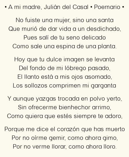 Imagen con el poema A mi madre, por Julián del Casal