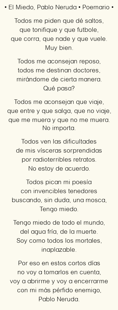 Imagen con el poema El Miedo, por Pablo Neruda